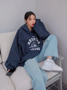 DAZY Mountain & Letter Graphic Raglan Sleeve Thermal Drawstring Hoodie,Fall Clothes Sweatshirt - Navy Blue - View 8