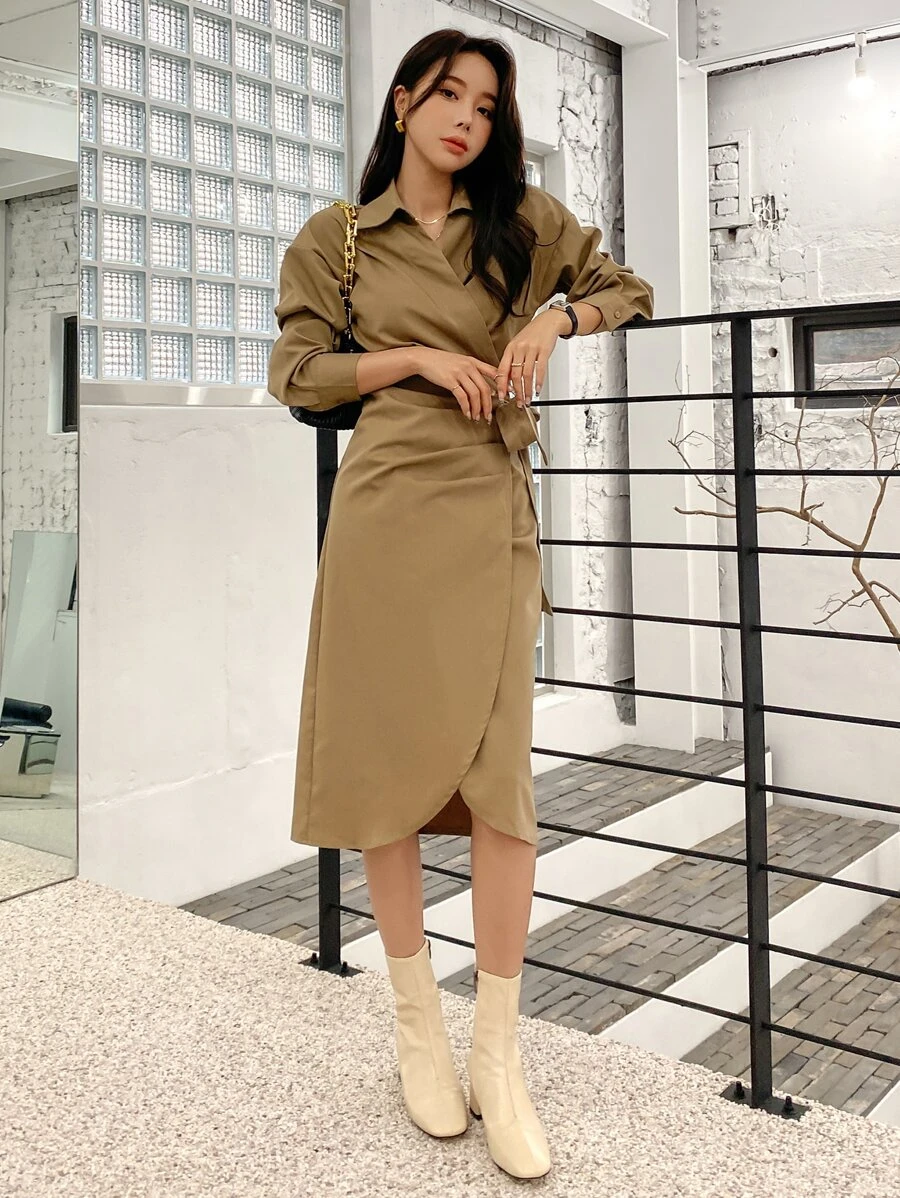 DAZY Drop Shoulder Wrap Knot Side Shirt Dress,Fall Clothes - Khaki - View 1