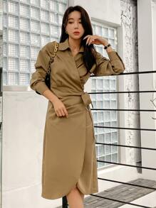 DAZY Drop Shoulder Wrap Knot Side Shirt Dress,Fall Clothes - Khaki - View 3