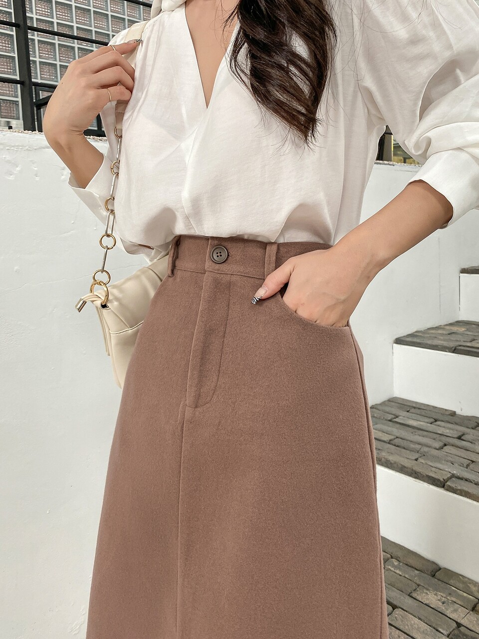 High Waist Slant Pockets Slit Skirt