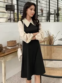 DAZY Colourblock Peter Pan Collar Puff Sleeve Dress - Multicolor - View 1