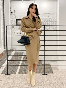DAZY Drop Shoulder Wrap Knot Side Shirt Dress,Fall Clothes - Khaki - View 7