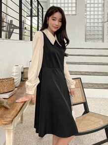 DAZY Colourblock Peter Pan Collar Puff Sleeve Dress - Multicolor - View 8