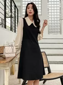 DAZY Colourblock Peter Pan Collar Puff Sleeve Dress - Multicolor - View 3