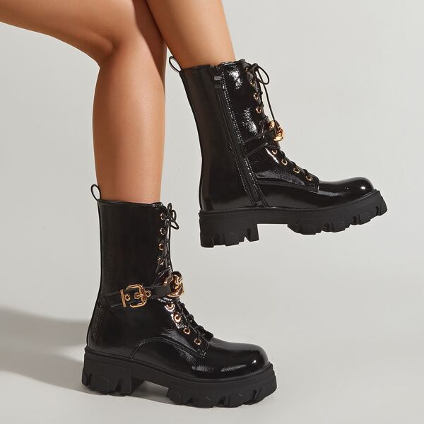 

Buckle Decor Combat Boots, Black