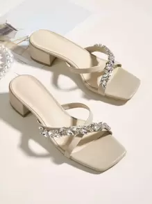 Rhinestone Decor Square Toe Heeled Sandals - Apricot - View 1