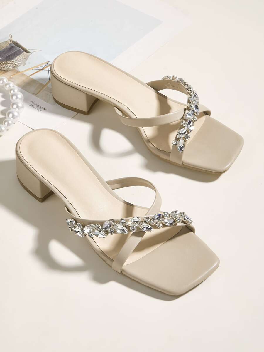 Rhinestone Decor Square Toe Heeled Sandals - Apricot - View 1