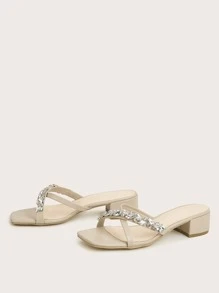 Rhinestone Decor Square Toe Heeled Sandals - Apricot - View 2