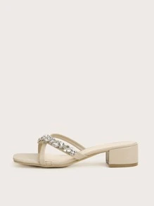 Rhinestone Decor Square Toe Heeled Sandals - Apricot - View 3