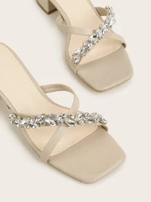 Rhinestone Decor Square Toe Heeled Sandals - Apricot - View 4