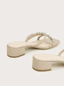Rhinestone Decor Square Toe Heeled Sandals - Apricot - View 5