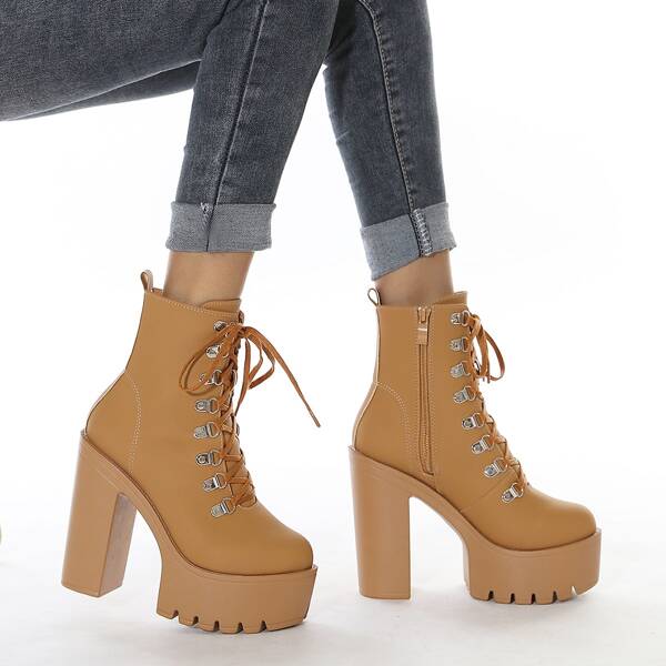 

Side Zipper Platform Heeled Ankle Boots, Apricot