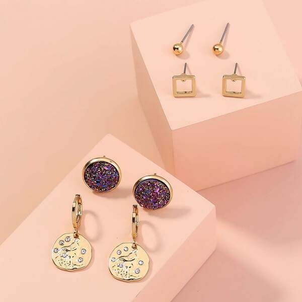 

4pairs Rhinestone Detail Earrings, Gold