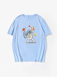 Hombres Camiseta con estampado de letra y astronauta - Celeste - Ver 1