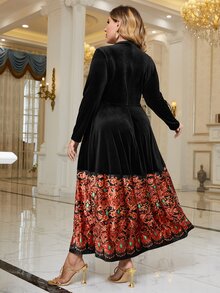 Modelyn 大碼宮廷風拼塊絲絨不附腰帶洋裝 - 黑色 - 查看 3