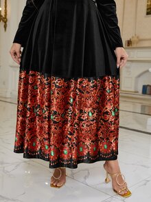 Modelyn 大碼宮廷風拼塊絲絨不附腰帶洋裝 - 黑色 - 查看 4