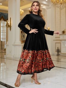 Modelyn 大碼宮廷風拼塊絲絨不附腰帶洋裝 - 黑色 - 查看 1