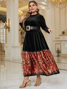 Modelyn 大碼宮廷風拼塊絲絨不附腰帶洋裝 - 黑色 - 查看 5