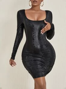 SHEIN SXY Snakeskin Print Scoop Neck Bodycon Dress - Black - View 1