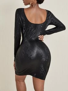 SHEIN SXY Snakeskin Print Scoop Neck Bodycon Dress - Black - View 2