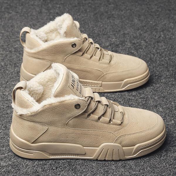 

Men Letter Patch Plush Inside High Top Sneakers, Beige