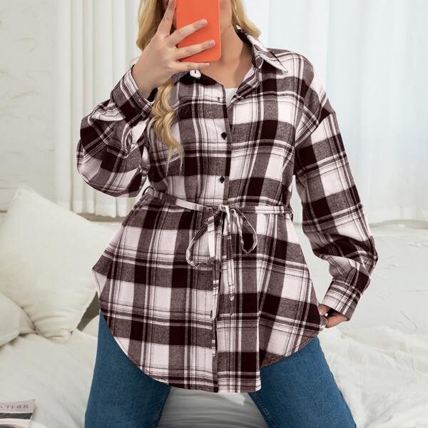 

Plus Plaid Drop Shoulder Belted Blouse, Multicolor