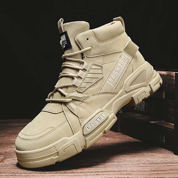 

Men Minimalist Letter Detail Lace-up Front Sneakers, Khaki