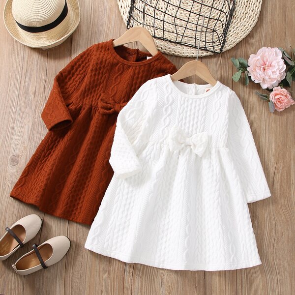 

Toddler Girls 2pcs Cable Knit Bow Front Dress, Multicolor