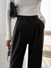 DAZY Zipper Fly Solid Tailored Trousers - Black - View 3