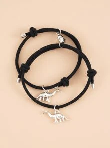 2pcs Dinosaur Charm Couple Bracelet - Black - View 2