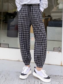 DAZY Drawstring Waist Plaid Joggers - Black and White - View 1
