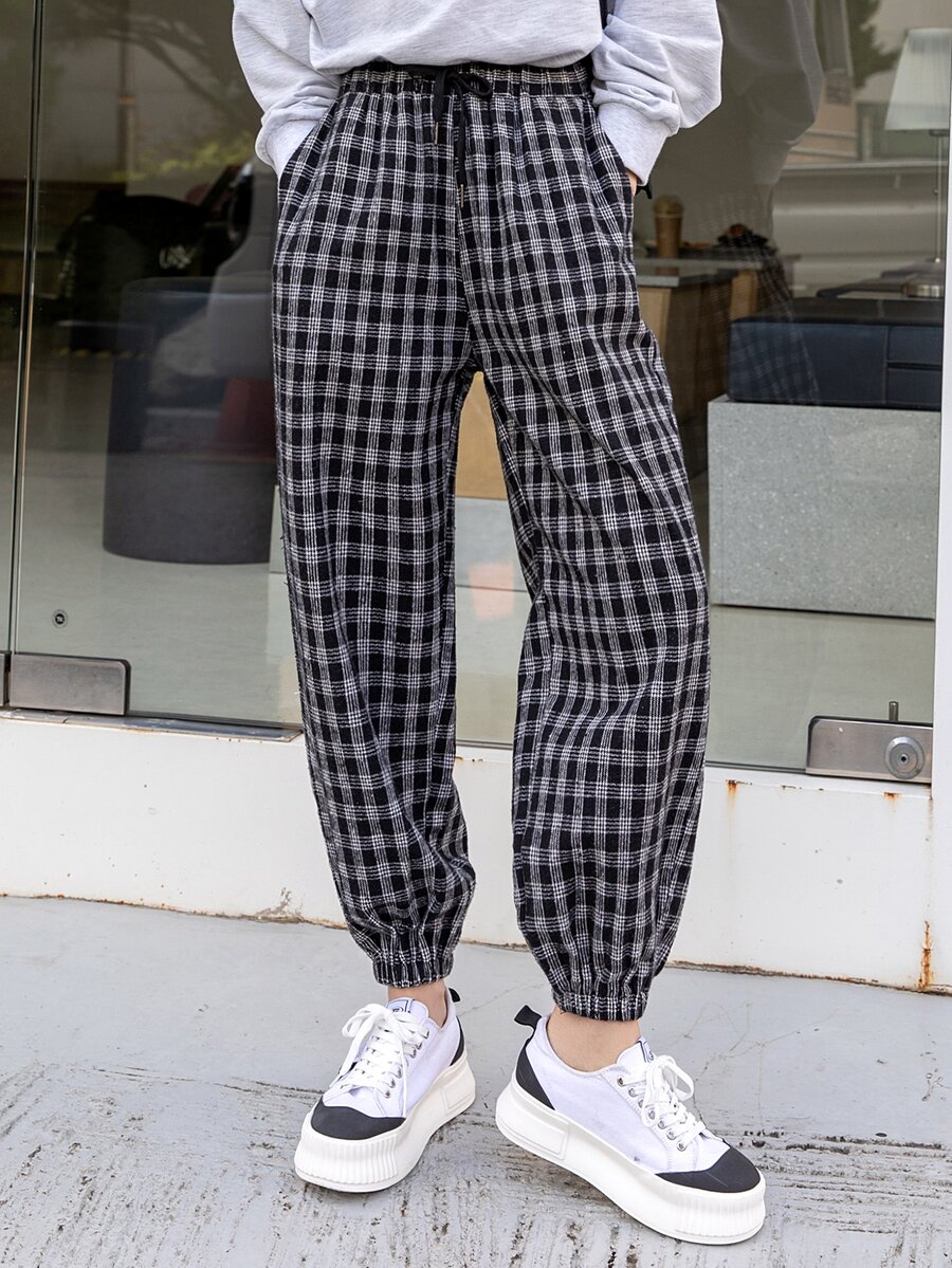 DAZY Drawstring Waist Plaid Joggers - Black and White - View 1