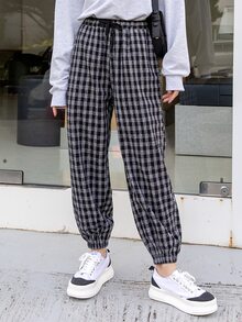 DAZY Drawstring Waist Plaid Joggers - Black and White - View 3