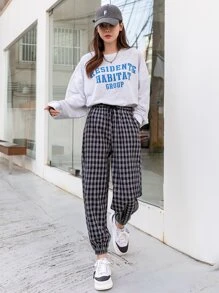 DAZY Drawstring Waist Plaid Joggers - Black and White - View 4
