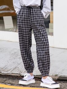 DAZY Drawstring Waist Plaid Joggers - Black and White - View 5