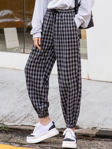 DAZY Drawstring Waist Plaid Joggers - Black and White - View 6