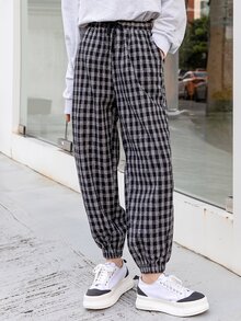 DAZY Drawstring Waist Plaid Joggers - Black and White - View 7