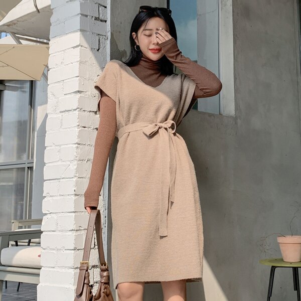 

Dolman Sleeve Belted Sweater Dress Without Tee, Khaki