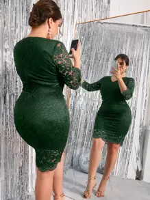 Celure 大碼素色蕾絲緊身連衣裙 - 墨綠色 - 查看 1