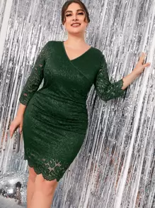 Celure 大碼素色蕾絲緊身連衣裙 - 墨綠色 - 查看 4