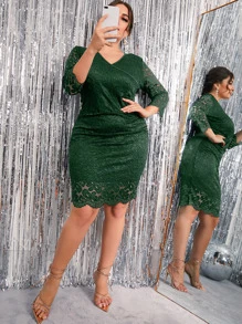 Celure 大碼素色蕾絲緊身連衣裙 - 墨綠色 - 查看 5