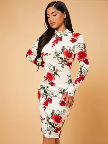 SHEIN SXY Floral Print Mock Neck Bodycon Dress - Multicolor - View 1