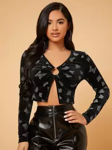 SHEIN SXY Áo thun nữ Nhẫn Chia Loại bướm Gợi cảm - màu đen - Xem 1