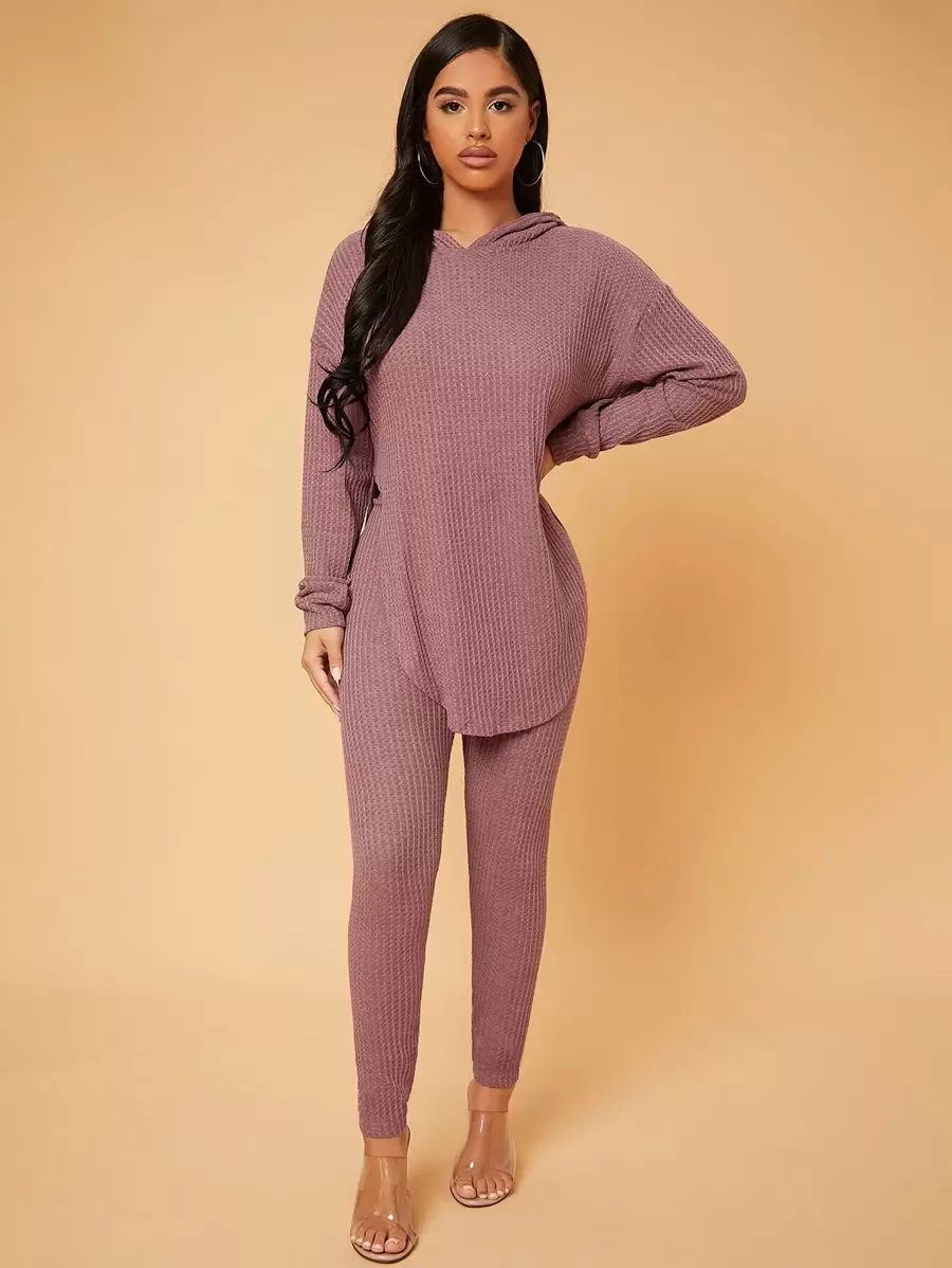 SHEIN SXY Drop Shoulder Split Asymmetrical Hem Hoodie & Leggings - Dusty Pink - View 1