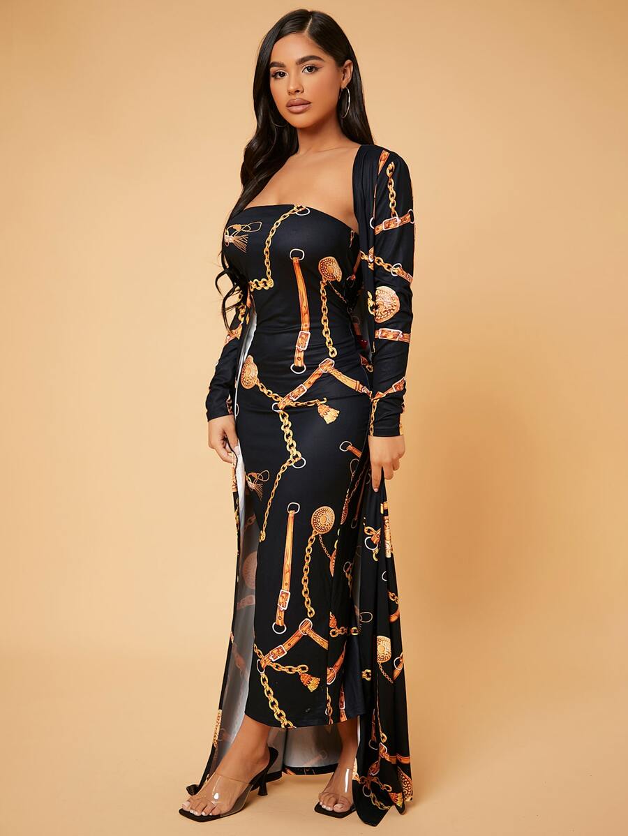 SHEIN SXY 錬條圖案開門襟外套和緊身連衣裙 - 彩色 - 查看 1