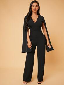 SHEIN SXY Deep V Neck Split Sleeve Jumpsuit - Black - View 1