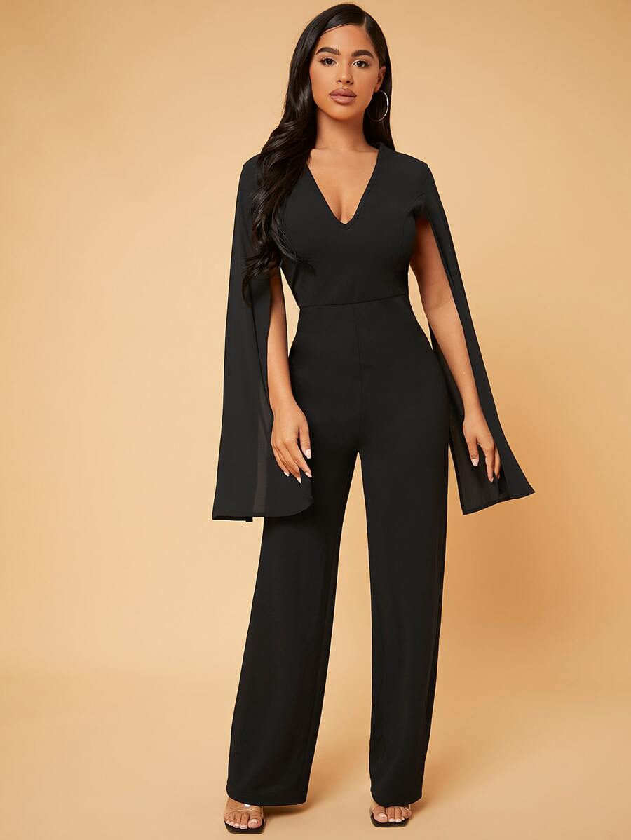 SHEIN SXY Deep V Neck Split Sleeve Jumpsuit - Black - View 1