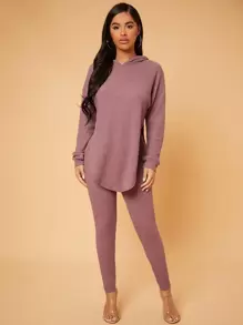 SHEIN SXY Drop Shoulder Split Asymmetrical Hem Hoodie & Leggings - Dusty Pink - View 6