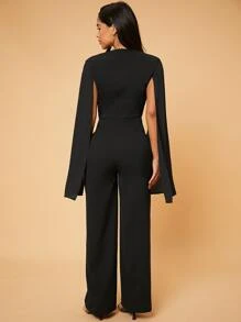 SHEIN SXY Deep V Neck Split Sleeve Jumpsuit - Black - View 2