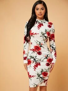SHEIN SXY Floral Print Mock Neck Bodycon Dress - Multicolor - View 5
